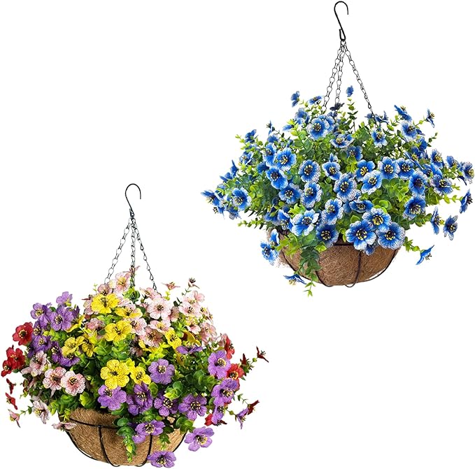 Artificial Hanging Plants Flowers with Basket 2 Packs, Artificial Hanging Flowers for Outdoors, Faux Hanging Plants Outdoor, Fake Flowers, Yellow+Purple+Pink+Red&Blue