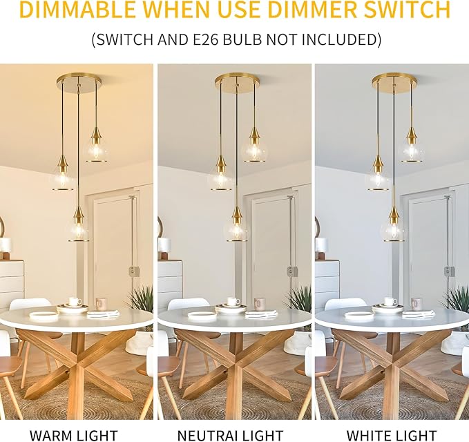 3-Light Island Light for Kitchen, Gold Kitchen Island Hanging Pendant Light, Brushed Gold Dining Room Light Fixture Over Table with Clear Round Glass Shades