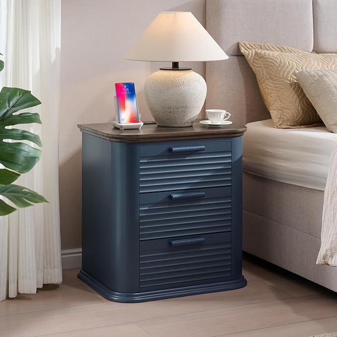 Okvnbjk 22" Wide Fluted Nightstand Set of 2 with Charging Station, Mid Century Modern End Table for Living Room, Bedroom, Home Office, Wood Curved 3 Drawer Dresser, Large Bedside Tables, Navy Blue