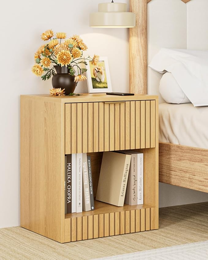 Tall Nightstand Extra Large Nightstand, Modern Night Stand, Bedside Table with Drawer and Open Shelf, Cube Design, Side Table for Bedroom, Living Room, Oak