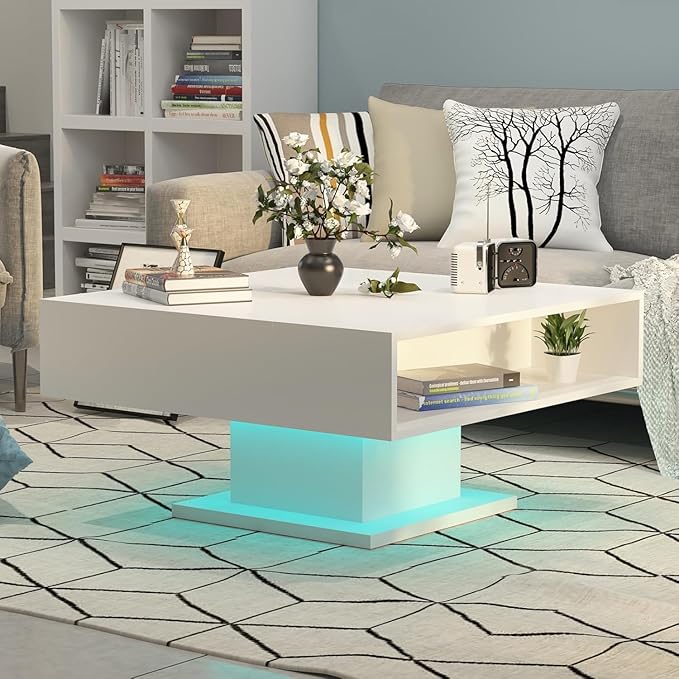 Square Lift Top Coffee Table with Storage, White Led Coffee Table for Living Room with Large Hidden Storage, 30.7" Wood Table Led Center Table for Dining Reception Room