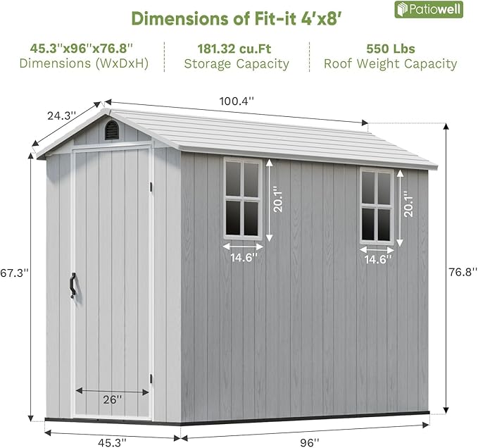 Patiowell 4 x 8 FT Plastic Outdoor Storage Shed with Floor, Garden Tool Shed with Two Windows and Single Lockable Door for Garden, Backyard, Lawn, Easy to Install, Light Grey