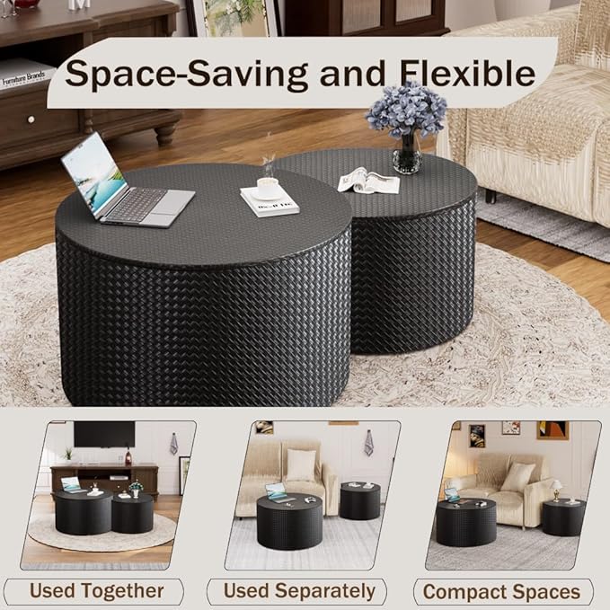 Nesting Coffee Table Set of 2 Modern Round Coffee Table with Hidden Storage Round Side Table Drum Accent End Tables for Living Room, Bedroom (Black)