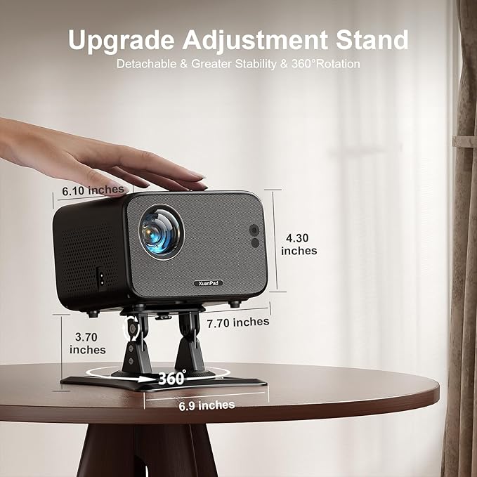 [Compatible with App & TOF Real-time Focus] Mini Projector with WiFi and Bluetooth, XuanPad Smart Projector 4K Support, Dolby Audio & Keystone, 210° Rotatable Stand for Home