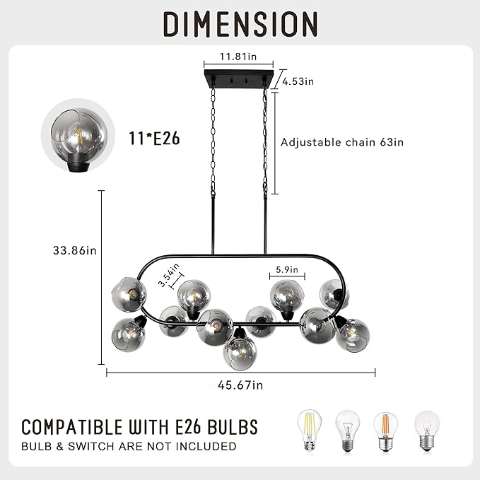 Black Chandelier for Dining Room Linear Island Lights for Kitchen 45'' Modern Large 11-Light Rectangular Chandeliers Over Island Farmhouse Glass Dining Room Pendant Light with Grey Glass Globe Shade