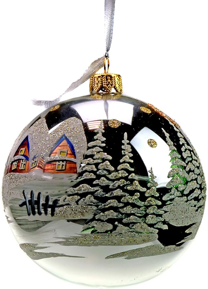 4" Christmas Tree Glass Ball Ornaments, Hand-Painted by Skilled Artisan, Set of 6 in a Wooden Box