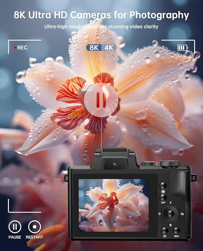 8K Digital Cameras for Photography Autofocus 88MP WiFi Professional 16X Digital Zoom Photography Camera with Dual-Lens for YouTube with Lens Hood, Touch Screen, 2 Batteries & Charging Stand