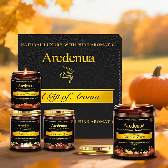 Holiday Candles Set – 4 Pack Cozy Winter Christmas Seasonal Candles Gift - Caramel Pumpkin, Cinnamon Apple, Harvest Season & Vanilla Cream, Hand-Poured Soy Candles for Christmas Cozy Winter Gifting