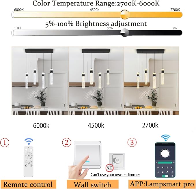 Dimmable 4-Light Pendant Lights Kitchen Island Modern LED Crystal Ceiling Light for Dinning Room Living Room 32W Black