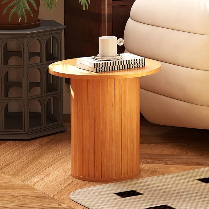 COSVALVE Round Wood Fluted End Table, 15.7” Circle Farmhouse Side Table Sets for Living Room, Bedroom, Balcony, Small Spaces, Natural
