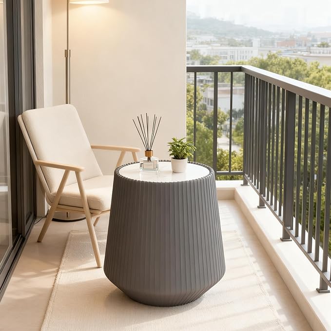 Round Living Room Table Set, 26.77" White Drum Center Table and 19.68" Grey Coffee Table Set, 2 Pieces Coffee Table Set with Sintered Stone Tabletop, Fluted PU Leather Covered and StableBase