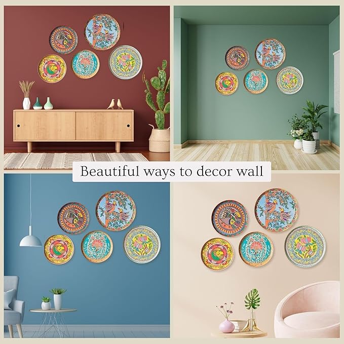 RITUALISTIC Madhubani Metal Wall Plates for Home Decoration | Set of 5 Decorative Wall Plates (Assorted Sizes) | Wall Décor for Living Room | Handmade Indian Art | Gift Items