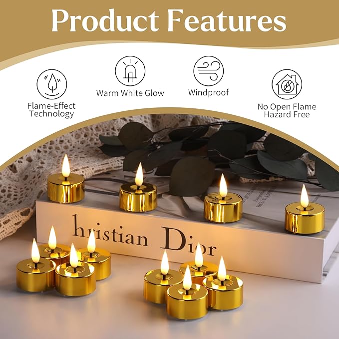 Eywamage Gold Christmas LED Tealights with Remote Batteries, Flickering Flameless Tea Lights Votive Candles Set of 12
