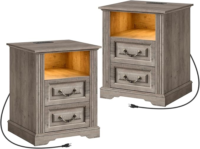 Farmhouse Nightstand Set of 2, Wooden Night Stand with Charging Station, LED Bedside Table with Drawers, Rustic Sofa Side Table, End Table for Bedroom, Living Room, Greige