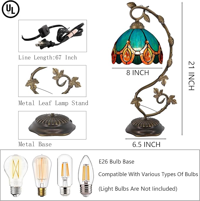 Tiffany Table Lamp, Stained Glass Desk Reading Light,Metal Leaf Table Lamp Base 8X10X21 Inches (Peacock Crystal)