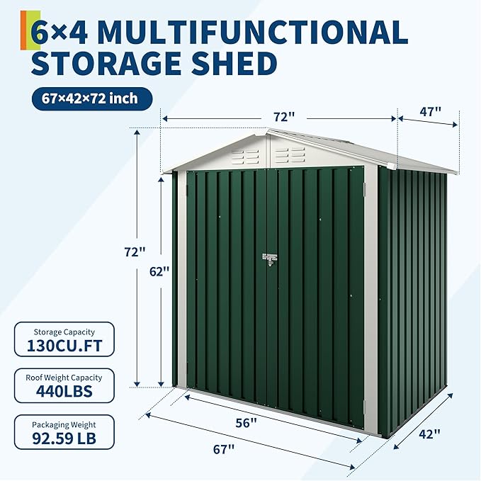 6x4 FT Outdoor Storage Shed, Garden Tool Storage Shed with Sloping Roof and Double Lockable Door, Outdoor Sheds with Panel Protection for Backyard Garden Patio Lawn,Green