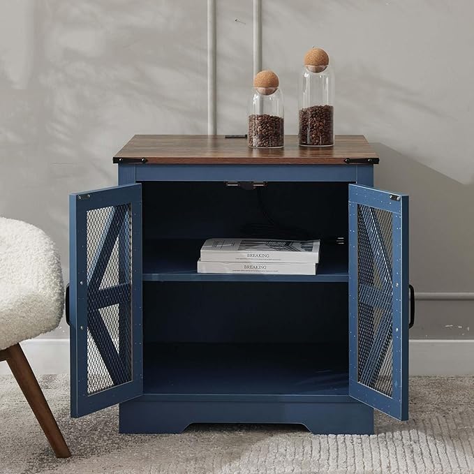 21.1" Farmhouse End Table with Charging Station and Mesh Barn Door, Rustic Wood Nightstand with Storage Shelf for Living Room & Bedroom, Navy Blue