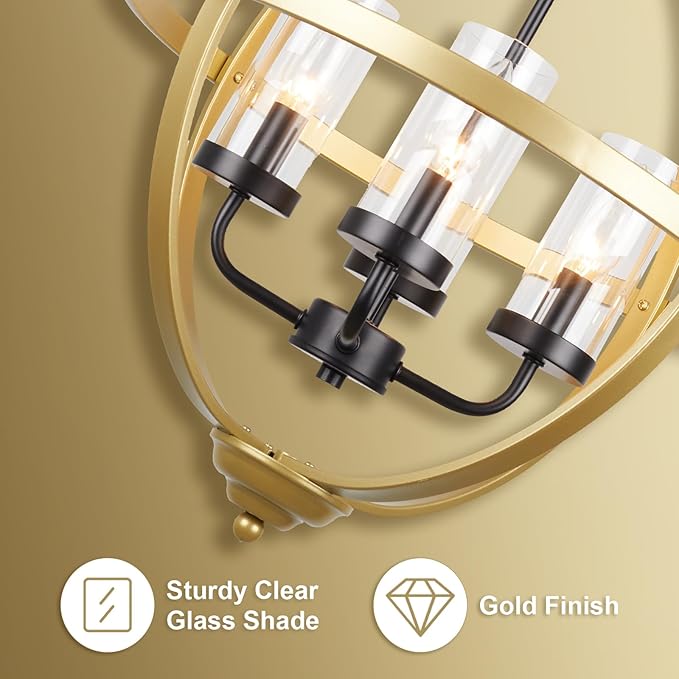 Treekee Chandelier Farmhouse Hanging Lighting, 4-Light Globe Orb Chandelier, Adjustable Modern Farmhouse Pendant Light Fixture for Dining Entryway Foyer, Gold