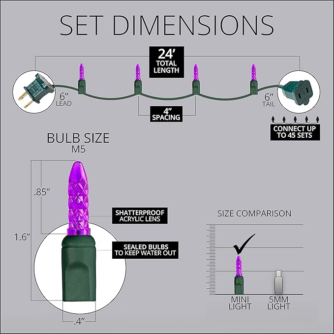 24 ft M5 LED Purple Halloween Lights, 70 Count Green Wire Indoor/Outdoor Commercial Grade Mini String, Holiday Decorations