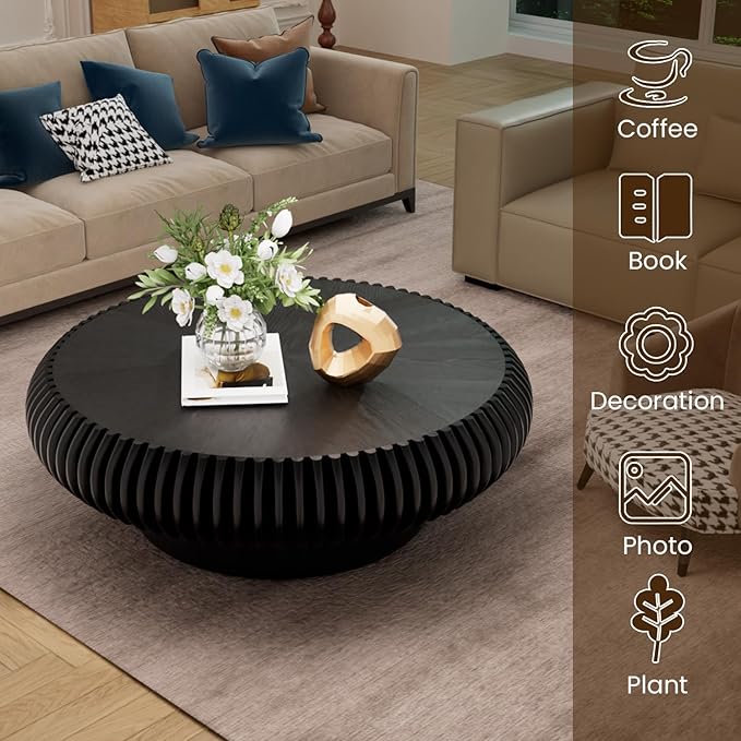 39.3" Drum Coffee Table Modern Unique Fluted Tea Table Contemporary Wood Round Coffee Table with Fluted Centry Table for Living Room Walnut (39.3" Black)