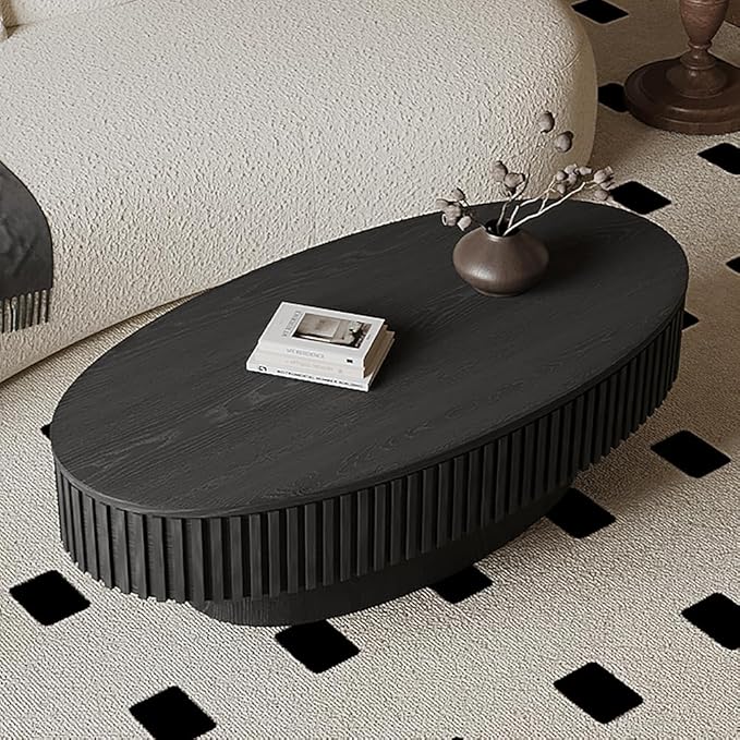WILLIAMSPACE 47.2" Oval Coffee Table with Storage, Modern Drum Center Table with Solid Wood Veneered, Accent Side Tea Table for Living Room Apartment, Black