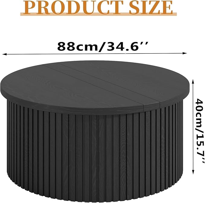 Lift Top Coffee Table with Storage, Round Coffee Tables for Living Room, 34.6In Farmhouse Fluted Coffee Table, Wood Center Table with Large Hiddern Storage Compartment (Black)
