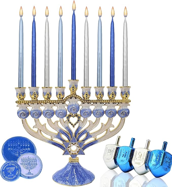 The Dreidel Company 45 Metallic Hanukkah Candles Frosted Premium Tapered Hand Decorated Chanuka Candles (Metallic Blue & Silver) (10-Pack)