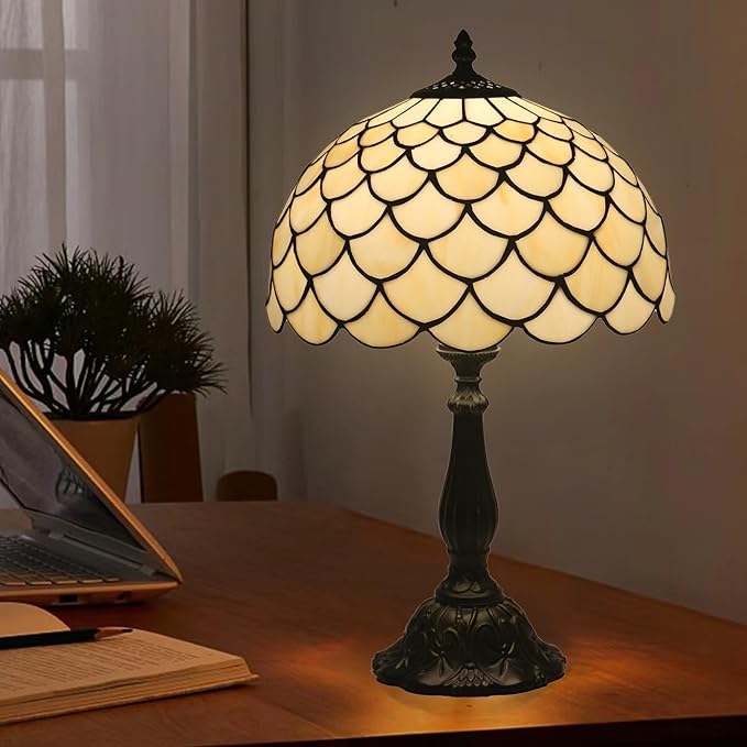Tiffany Table Lamp Stained Glass Bedside Lamp 12 Inches Desk Reading Light Zinc Alloy Base Decor Bedroom Living Room Home Office, Yellow