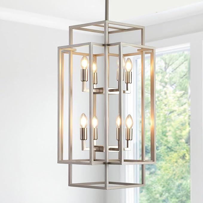 WJShome 31.5" Farmhouse Chandelier, Large Chandeliers for High Ceilings, Modern Foyer Lighting Fixtures, 8-Light Silver Tiered Lantern Pendant Light, for Living Room Staircase Entryway