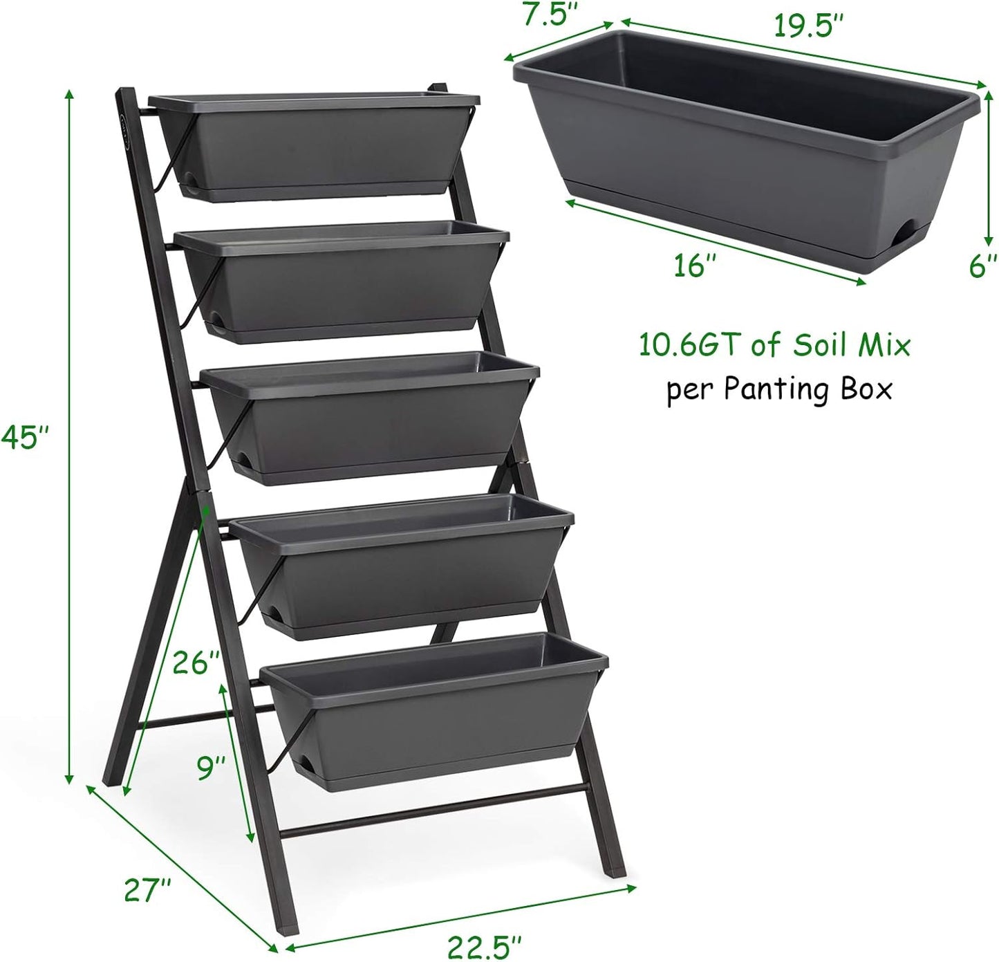 S AFSTAR 5-Tier Vertical Garden Planter, 5-Layer Raised Garden Bed with 5 Detachable Planter Boxes & Metal Frame, Indoor Outdoor Elevated Planting Containers for Flower Vegetables Fruit Herbs