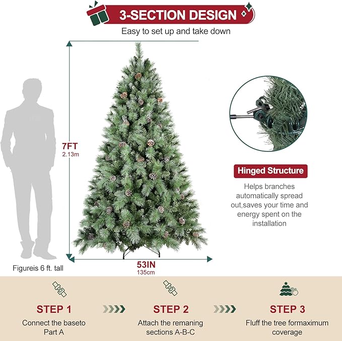 Christmas Tree 7ft, PLuxury Pine Needle -Premium Christmas Trees Flocked Trees - Artificial Xmas Tree