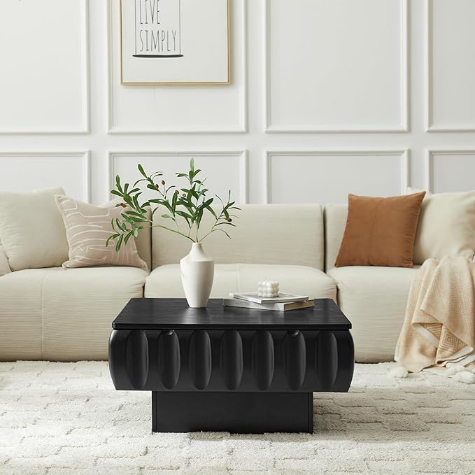 LKTART 31" Lift Top Coffee Table for Living Room, Fluted Coffee Table with Hidden Storage Compartment, Mid Century Modern Solid Wood Veneer Square Center Table for Office Apartment Small Space, Black