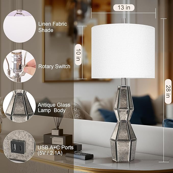 28" Vintage Table Lamps for Bedroom,Antique Bedside Lamp for Living Room with USB A+C Ports,Glass Table Lamps with Linen Shade,3-Way Dimmable Bulb,Nightstand Lamp for Home Hotel Office(Bulb Included)