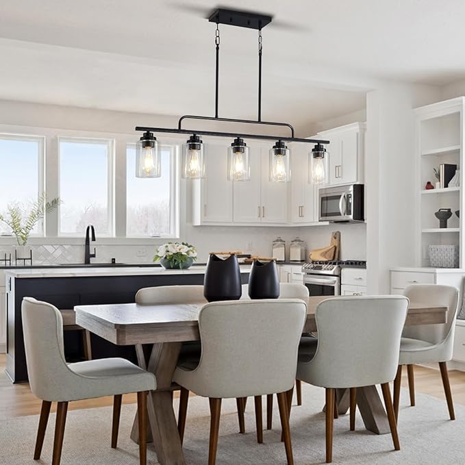 Dining Room Light Fixture - Black 5-Light Farmhouse Chandelier Kitchen Island Lights Fixtures Modern Linear Chandeliers Hanging Pendant Lighting Over Table for Dining Room