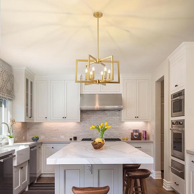 6-Light Gold Chandelier, Farmhouse Dining Room Light Fixture, 21.3in Modern Chandelier, Geometric Industrial Metal Hang Lighting Fixture for Foyer Entryway Kitchen Over Table Hallway Living Room