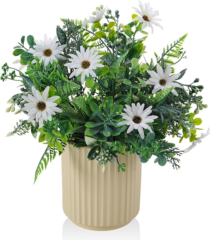 Artificial Flower and Fake Plants in Ceramic Pot,Artificial Plants Indoor, Fake Flowers in Vase for Table Centerpiece Decorations, Faux Plants Flowers Arrangement for Home Office Decoration