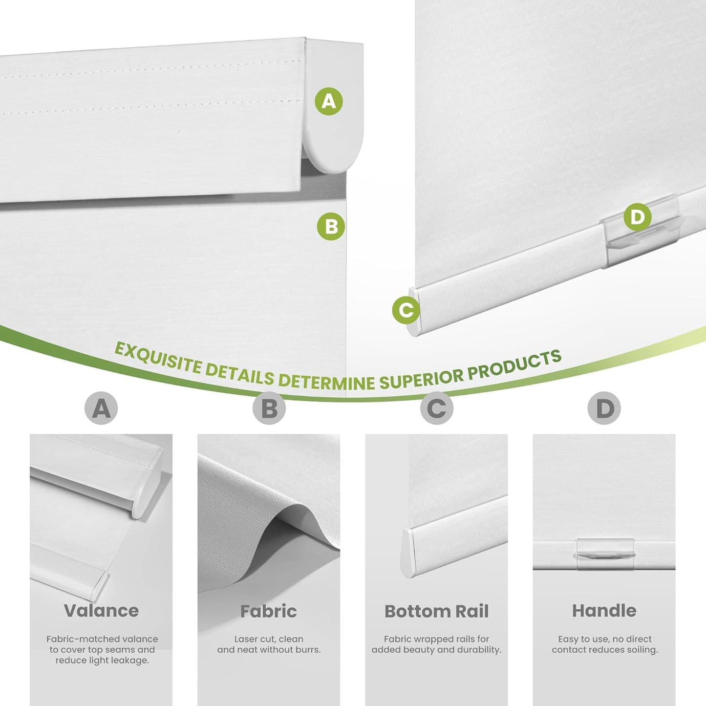 Blackout Roller Shades for Indoor Windows, Cordless Jacquard Fabric-Matched Roller Blinds, Easy to Install Privacy UV Protection Roll Up Blinds for Home Office, Pure White, 28" W x 72" H