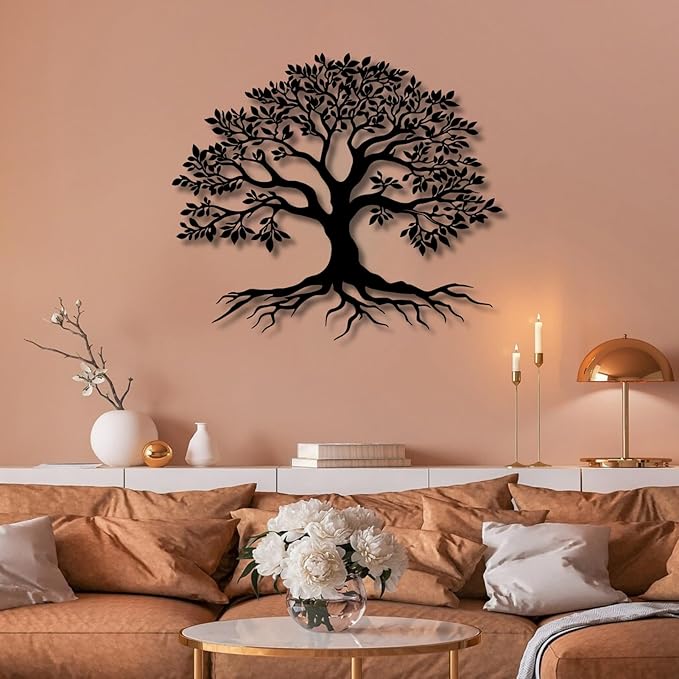 VTHTA Large Tree of Life Metal Wall Art,Tree Wall Sign for Living Room Bedroom Indoor Outdoor Garden Home Decoration (Black, 19" Wx16 H/47x41cm, Metal Wall Art)