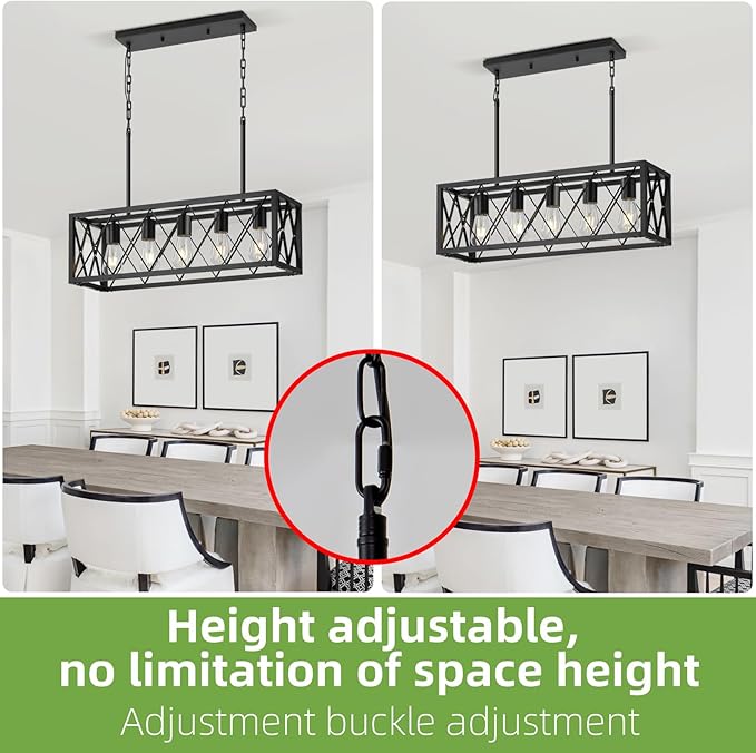 5-Light Kitchen Island Pendant Light, Black Rectangular Farmhouse Chandelier, Industrial Metal Linear Ceiling Hanging Lighting Fixture for Dining Room, Living Room, Entryway, Foyer, Bar