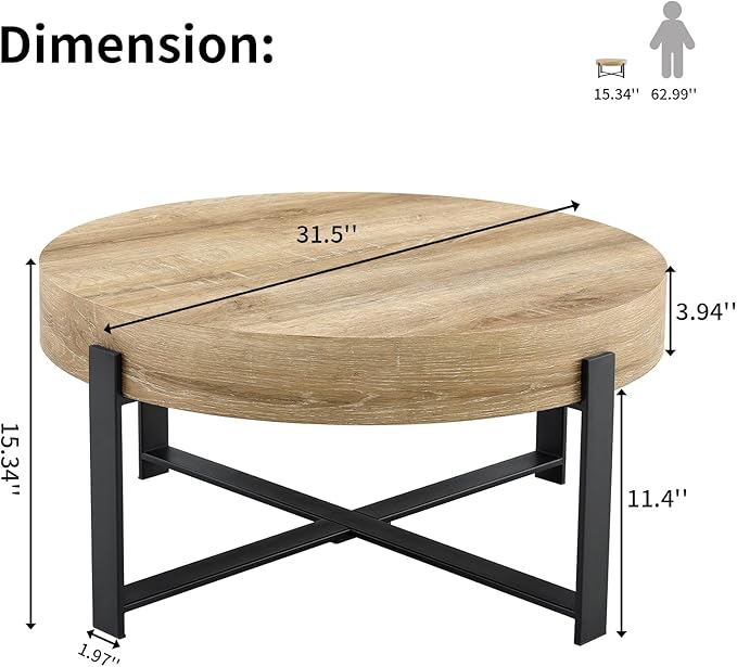 LKTART 31.5'' Round Coffee Table for Living Room, Modern Wood Handcraft Drum Coffee Table with Storage, Stainless Steel Legs Tea Tables, Apartment Small Space, Natural Wood