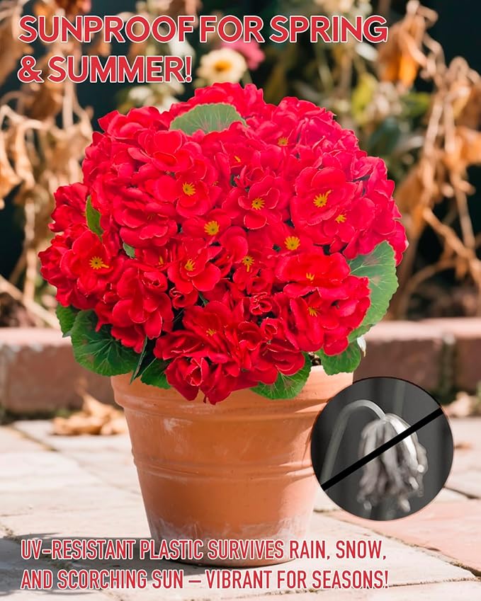 UV Resistant Red Geranium Fake Outdoor Flowers Christmas Decor- 6 Bundles Realistic Silk Artificial Flowers for Outside for Planter Hanging Basket, Faux Plants for Garden Porch Yard Home Décorations