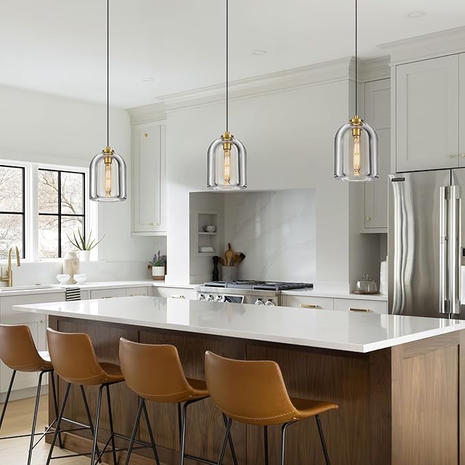 Crystal Pendant Light Kitchen Island: 2 Pack Gold K9 Crystals Lights - 5.1" Dimmable Contemporary Cylinder Light above Dining Table - Modern Ceiling Hanging Lighting for Bedroom E12 Bulbs Included