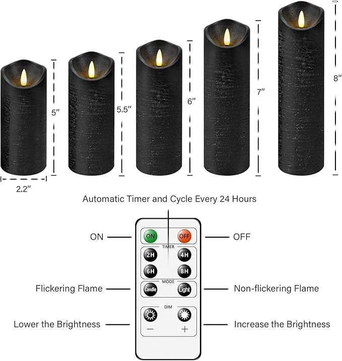 Flickering Flameless Candles with Remote Control and Timer Set of 5 Pc Real Wax LED Pillar Candles, Battery Operated Candles（D2.2×H5/5.5"/6"/7"/8"） Home Decor Flameless Candles（Black）