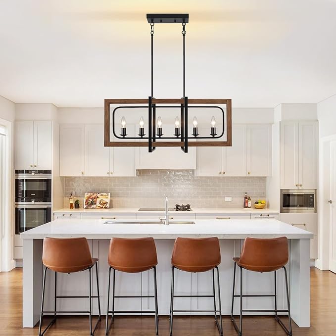Farmhouse Dining Room Light Fixtures Over Table, 6-Light Rustic Wood Chandeliers Rectangle Kitchen Island Lighting Hanging Pendant Lights Kitchen Chandelier Adjustable Height