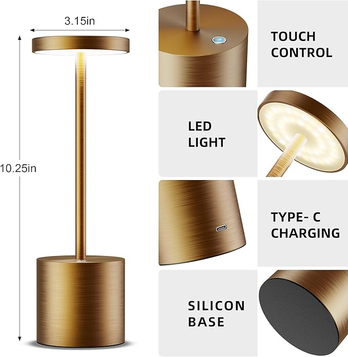 Cordless Table Lamps Rechargeable - Outdoor Portable LED Table Light 5000mAh Battery Operated Lamp 3 Color Stepless Dimming with Memory Function for Restaurant Dining Patio 2Pack Bronze