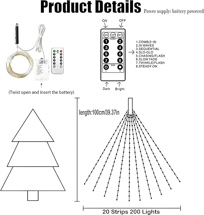 2026 Upgrade Cascading Twinkle Lights for Christmas Tree Waterfall Lights, 8 Modes 100-600 Christmas LED Firefly Twinkle String Lights Battery Powered (Warm Light,1m/3.28ft 20 Strips 200 Lights)