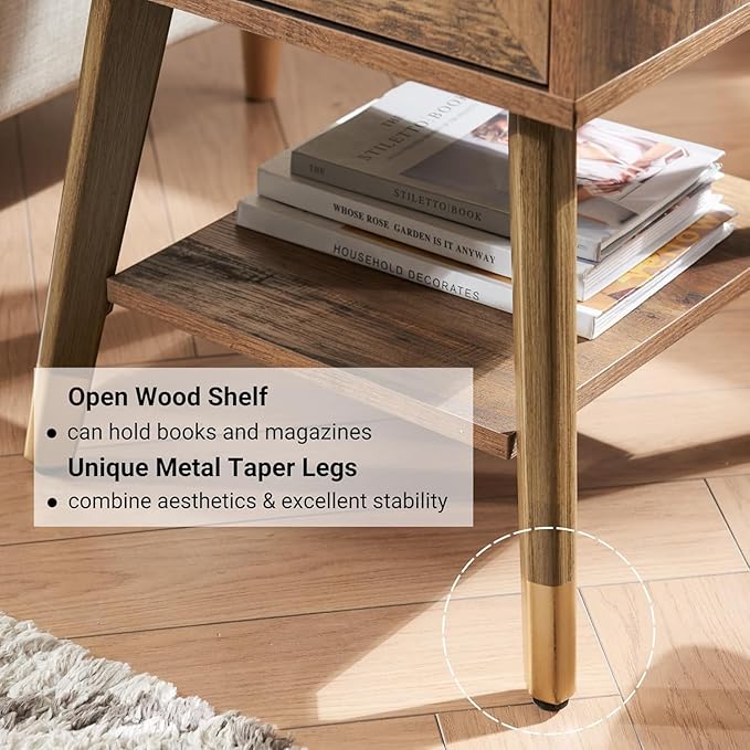 Mid Century Modern End Table, Rustic Oak Small Side Tables with Charging Station & Outlets and USB Ports, Wood Nightstand with Storage Drawer and Open Shelf for Living Room,Set of 2