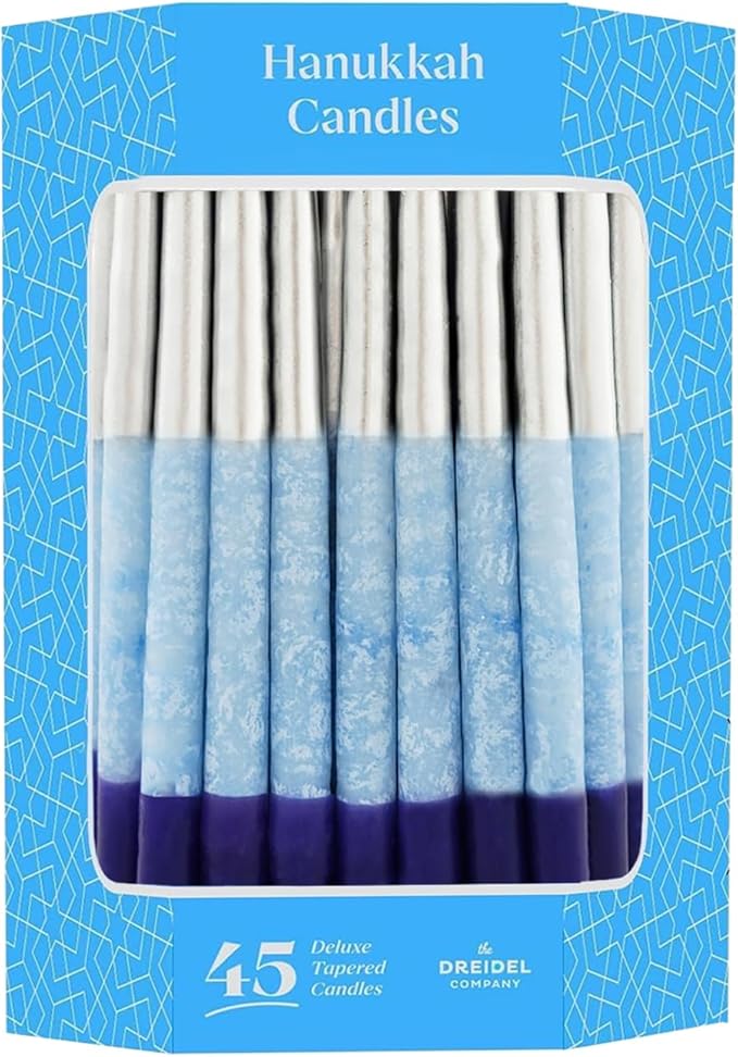 The Dreidel Company Dripless Blue, Purple Metallic Hanukkah Candles Premium Tapered Hand Decorated Chanuka Candles (5-Pack)