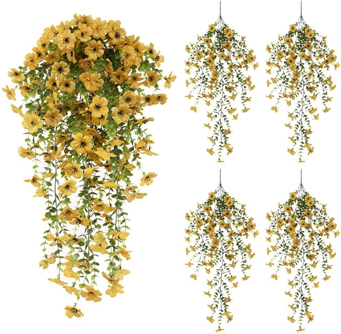 EROCK Artificial Flowers for Outdoors, 4PCS Fake Silk Hanging Flowers for Decoration UV & Fading Resistant, Realistic Faux Plants & Flowers for Porch Patio Balcony Window Box Home Decor (Yellow)