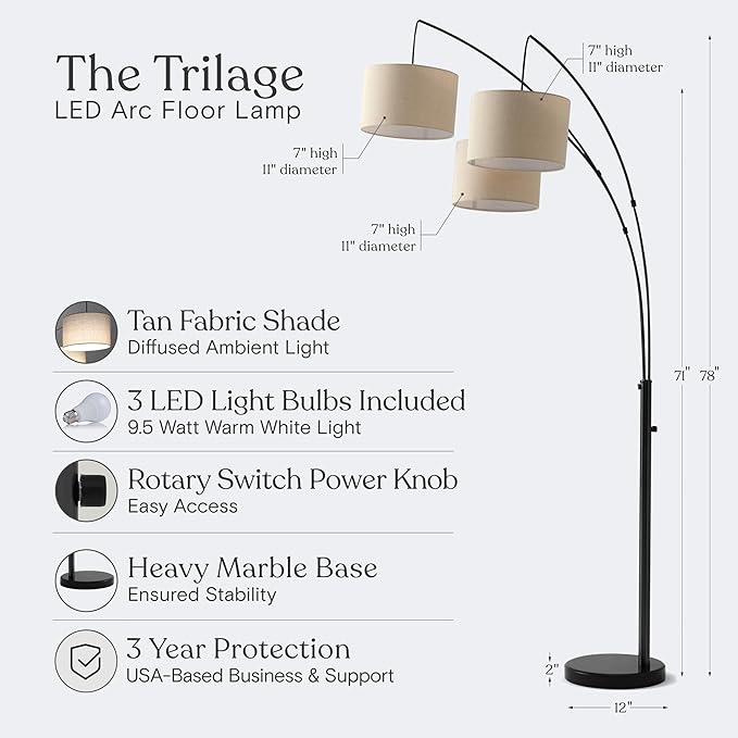 Brightech Trilage Arc Floor Lamp for Living Room, Multi Head Tree Floor Lamp for Bedroom, 3 Lights Standing Lamps Hanging Over The Couch - Black